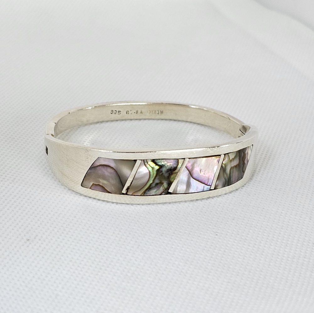 Gorgeous Vintage Abalone Inlaid Hinged Bracelet Sterling Silver! 43.3 Grams - Picture 8 of 9